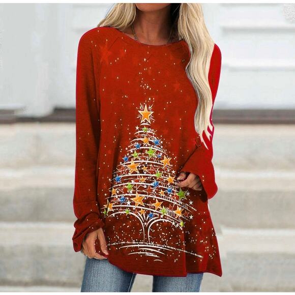 Just Fashions Now, Holiday Long T, Red with Christmas Tree adorned with stars - Picture 1 of 7